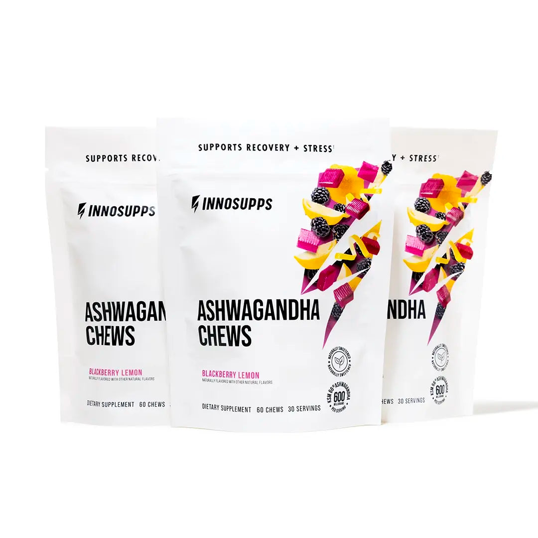 Three pouches of Inno Supps Ashwagandha Chews in Blackberry Lemon flavor.