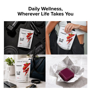 Lifestyle collage featuring Inno Supps Strawberry D3 + K2 Chews in gym, travel, and everyday settings, highlighting convenient daily wellness supplementation on the go.
