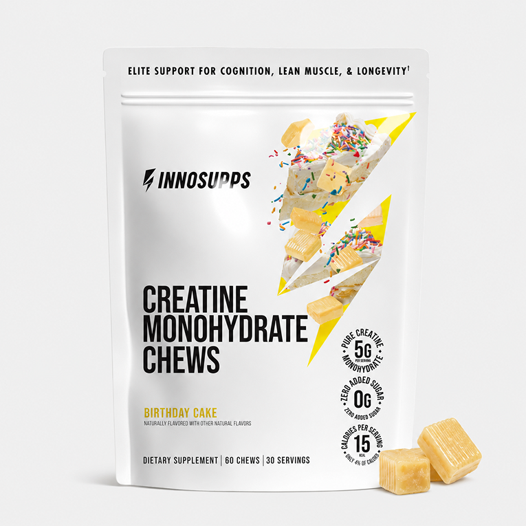 Inno Supps Birthday Cake Creatine Monohydrate Chews pouch displayed with birthday cake slices, sprinkles, and two creatine chews to showcase the flavor.